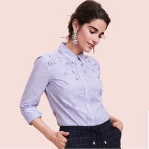 A New Day - blue & white striped button up with flower embellishment